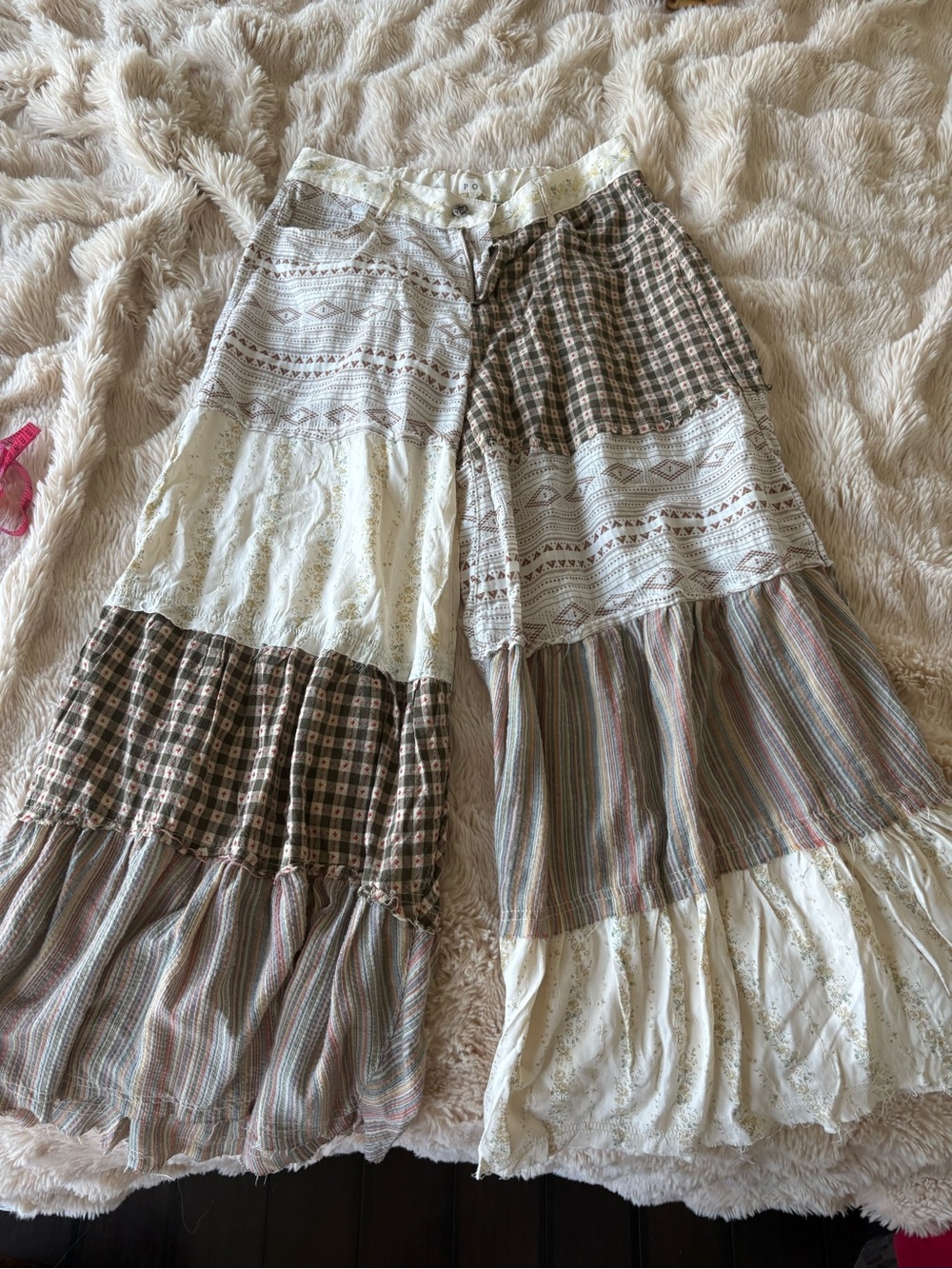 Bohemian Tiered Patchwork Maxi pants - Cream & Brown